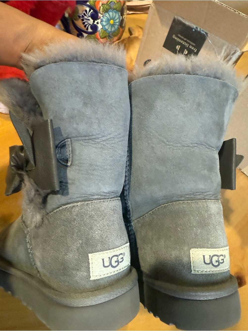 UGG Gray Suede Short Shearling Boots with Bow - Picture 3 of 12